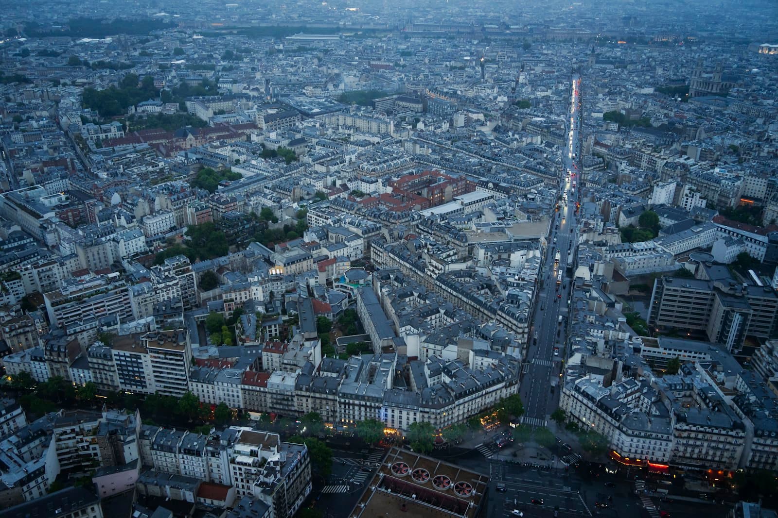 Aerial view of a European city at dusk