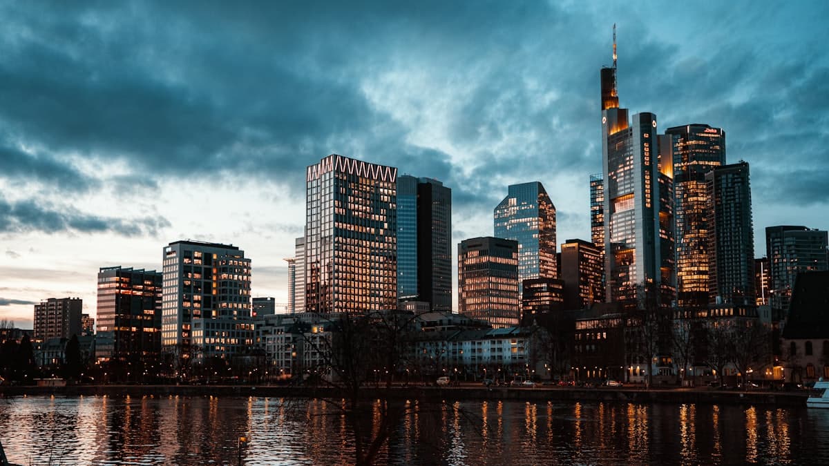 Modern city skyline with skyscrapers at dusk
