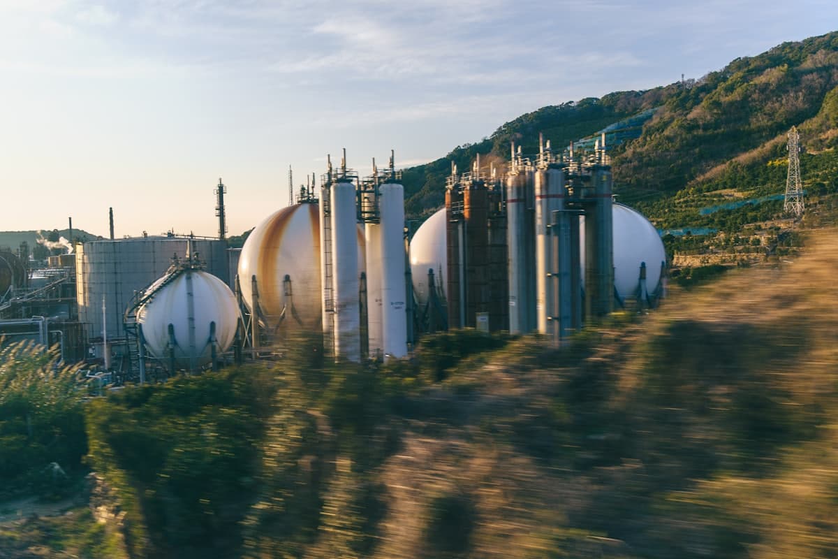 Spherical gas storage tanks at an industrial facility