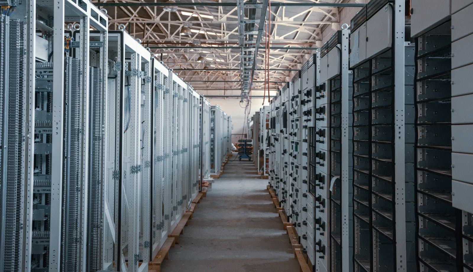 Rows of server racks inside a data center