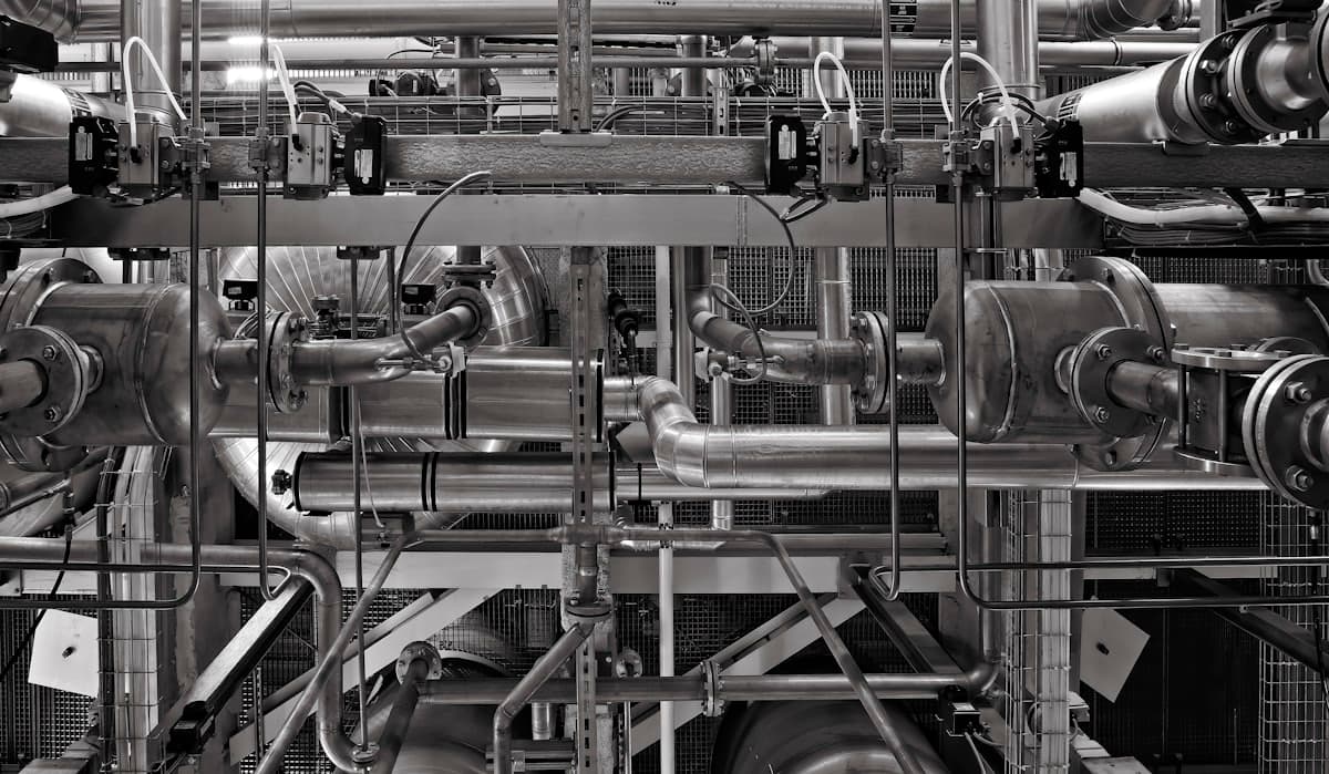 Network of industrial process pipes and valves