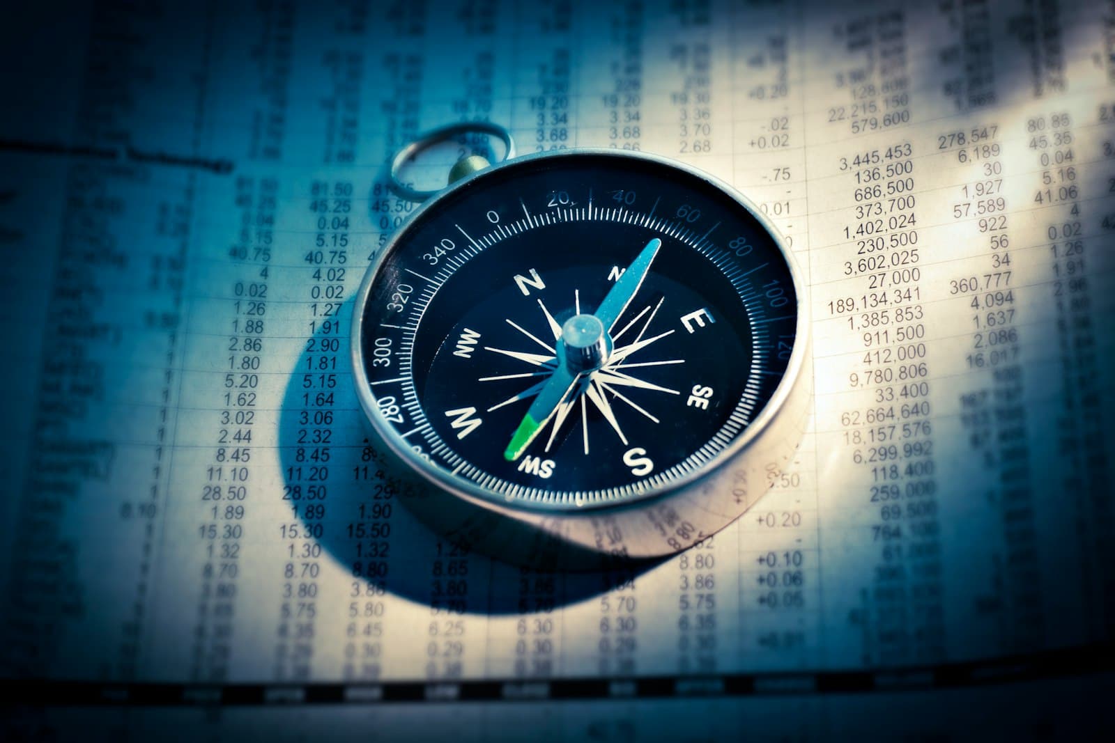 A compass resting on printed financial listings