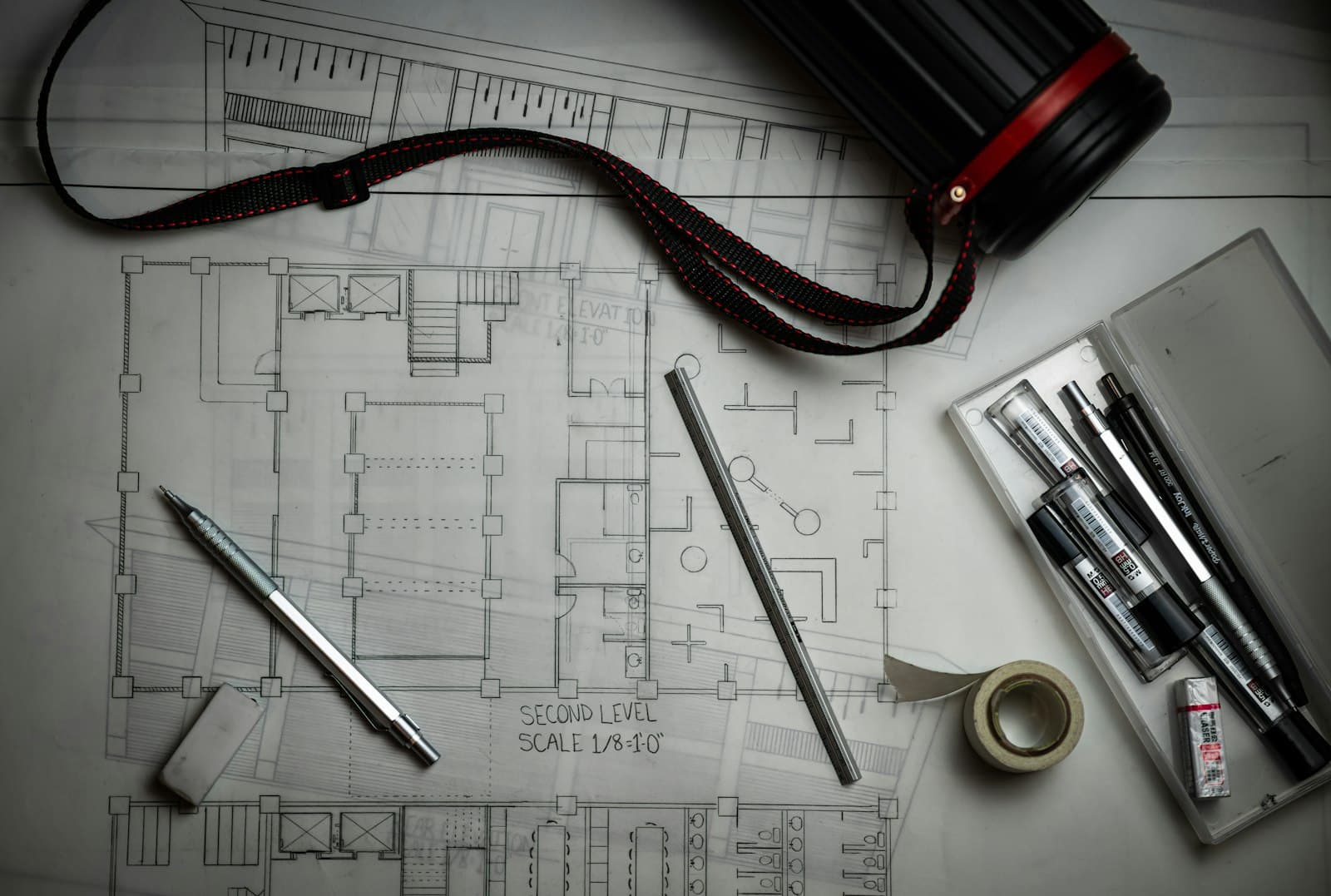 Architectural blueprints with drafting pencils and a ruler